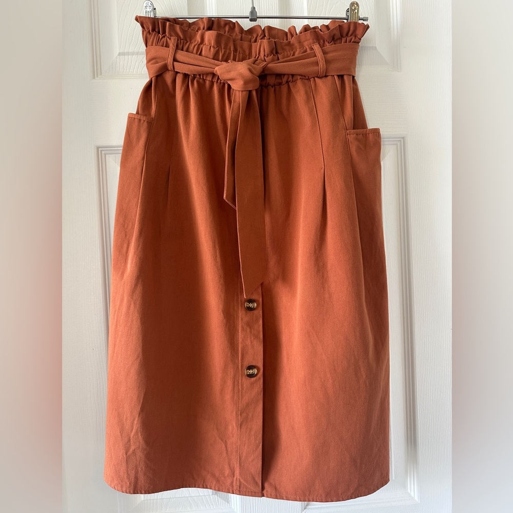 Brown Orange Midi Skirt with Tie Front